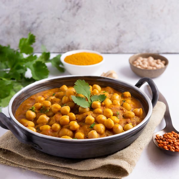 New Little India's chana masala, a chickpea curry, garnished with cilantro, with spices in the background.