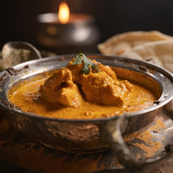 New Little India's chicken tikka masala in a metal bowl, with naan and a candle in the background.